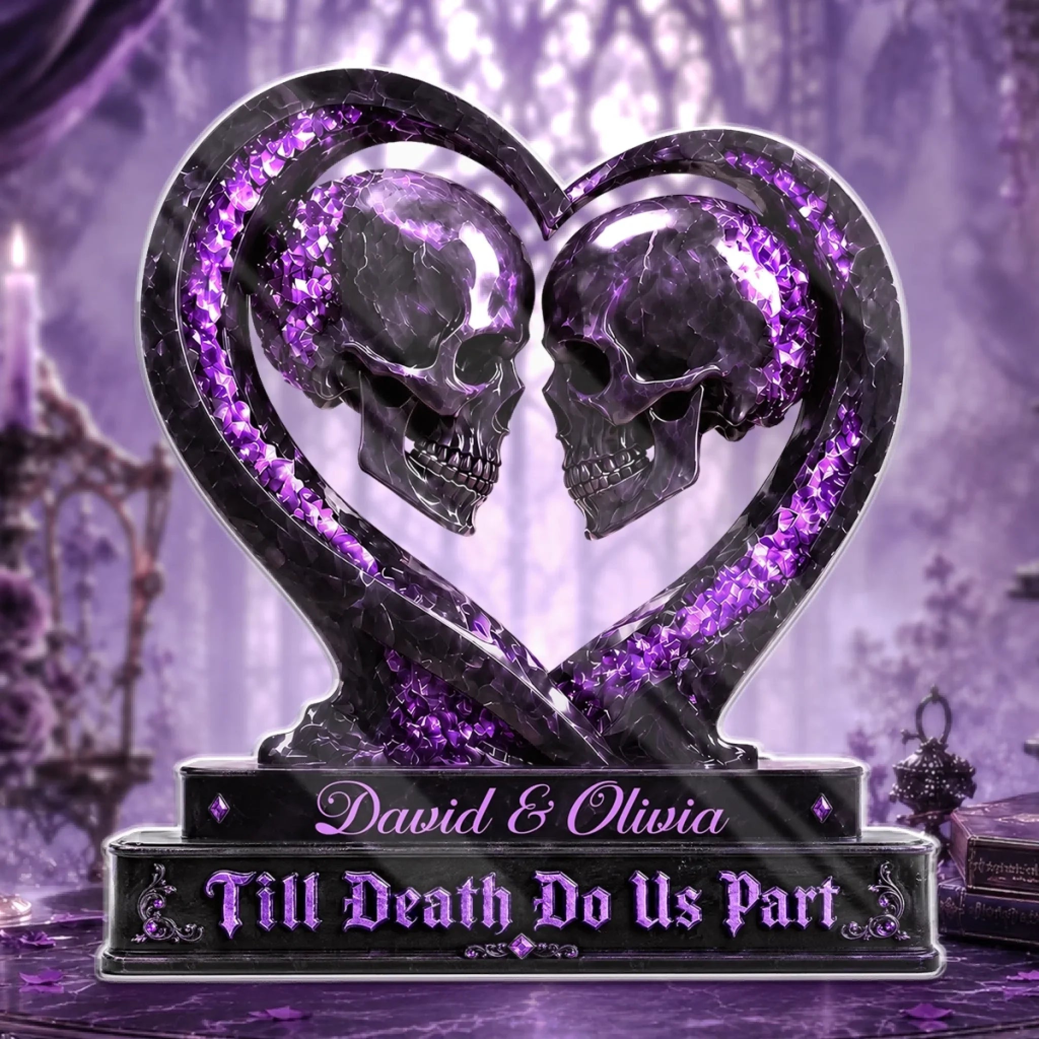 Purple Crystal Skull Couple Heart Acrylic Plaque Till Death Do Us Part Gift