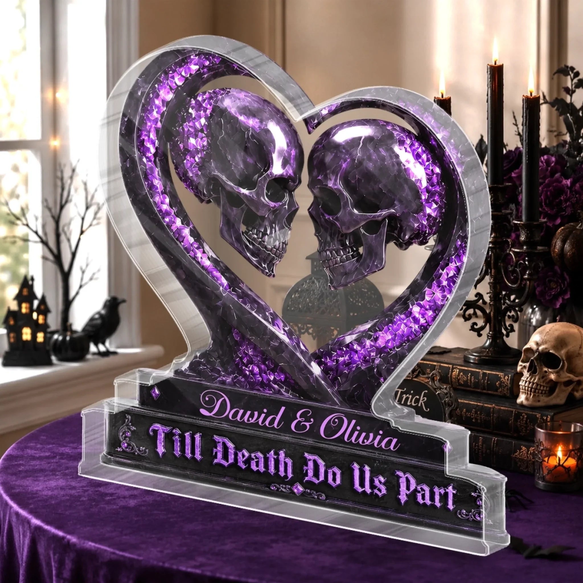 Purple Crystal Skull Couple Heart Acrylic Plaque Till Death Do Us Part Gift