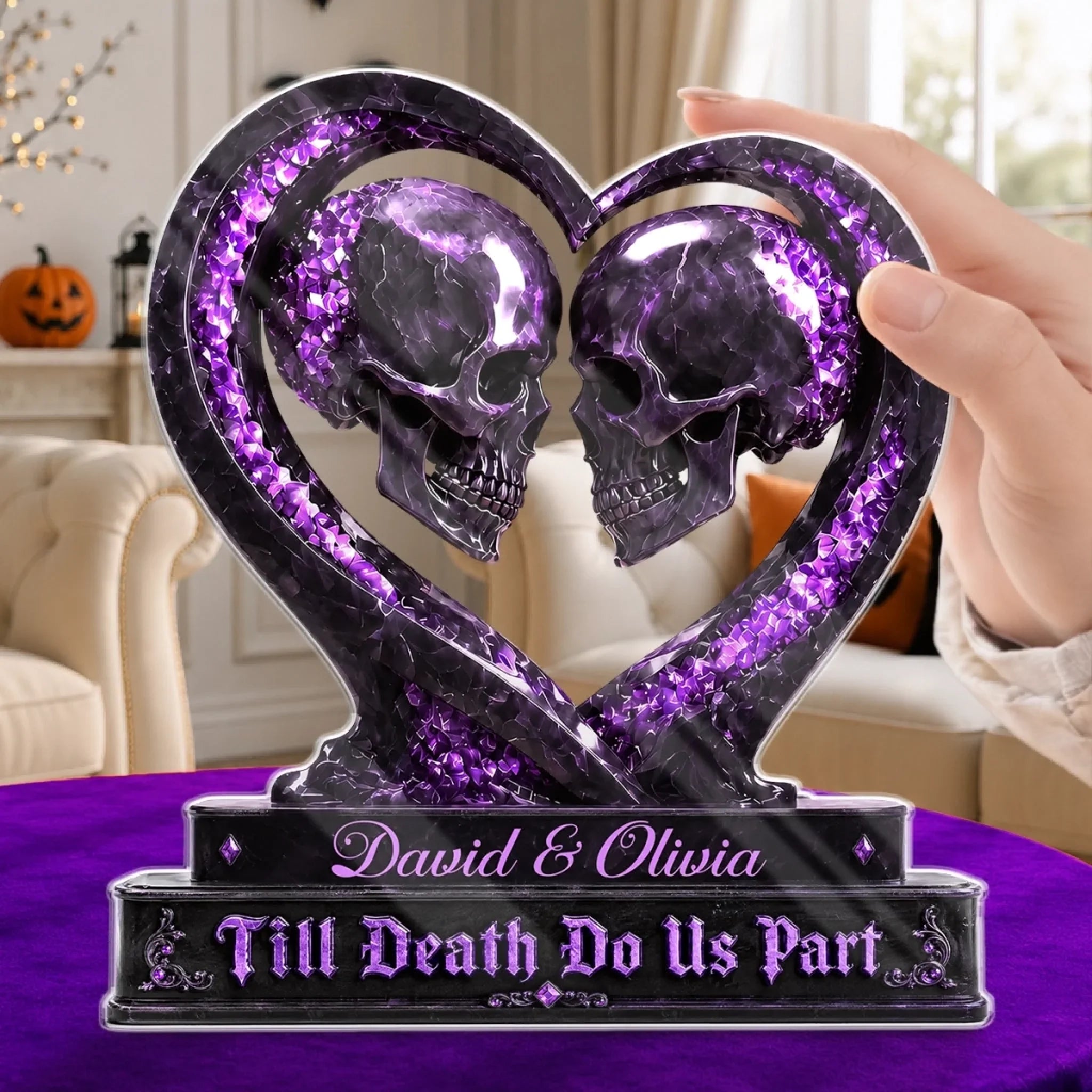 Purple Crystal Skull Couple Heart Acrylic Plaque Till Death Do Us Part Gift