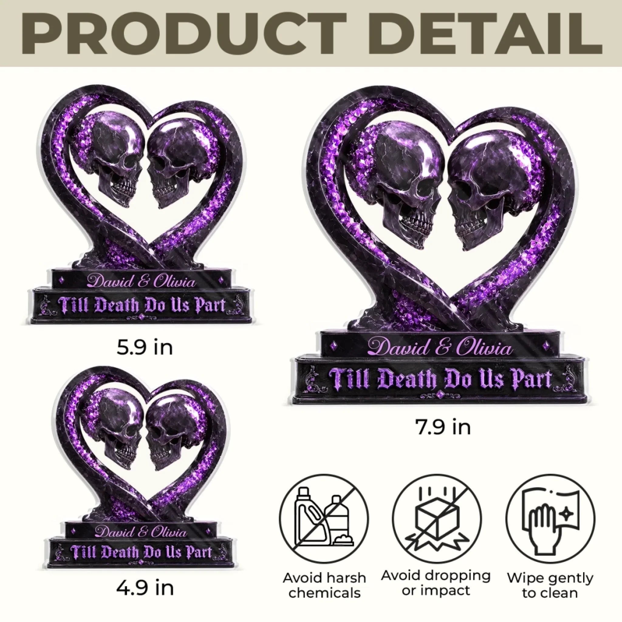 Purple Crystal Skull Couple Heart Acrylic Plaque Till Death Do Us Part Gift