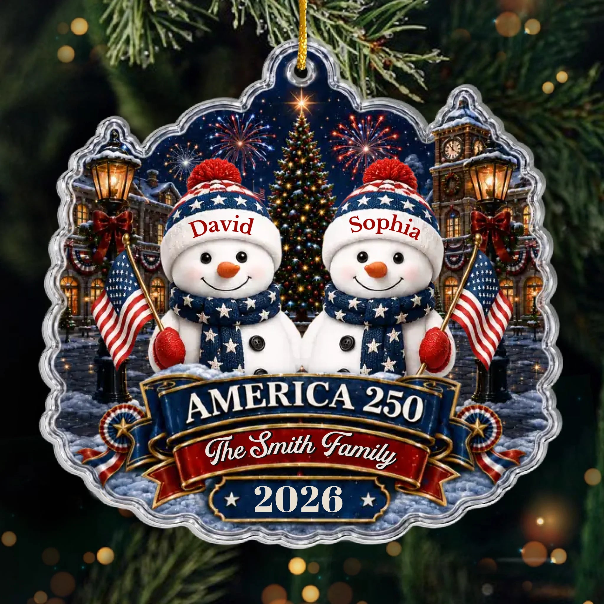 Custom Acrylic Ornament - Personalized America 250th Anniversary Christmas Gifts For Mom, Dad, Brother, Sister - Walking In A Patriotic Wonderland