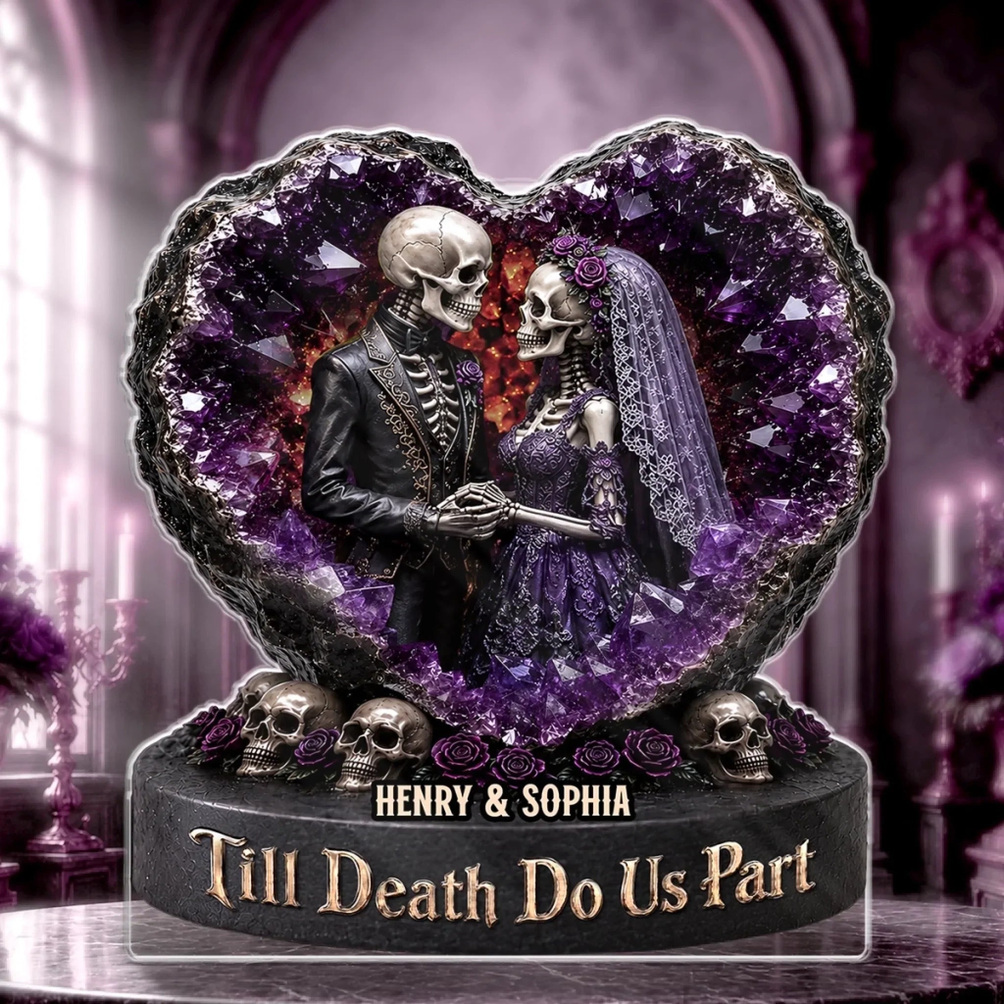 Skeleton Bride Groom Amethyst Heart Custom Gothic Wedding Keepsake