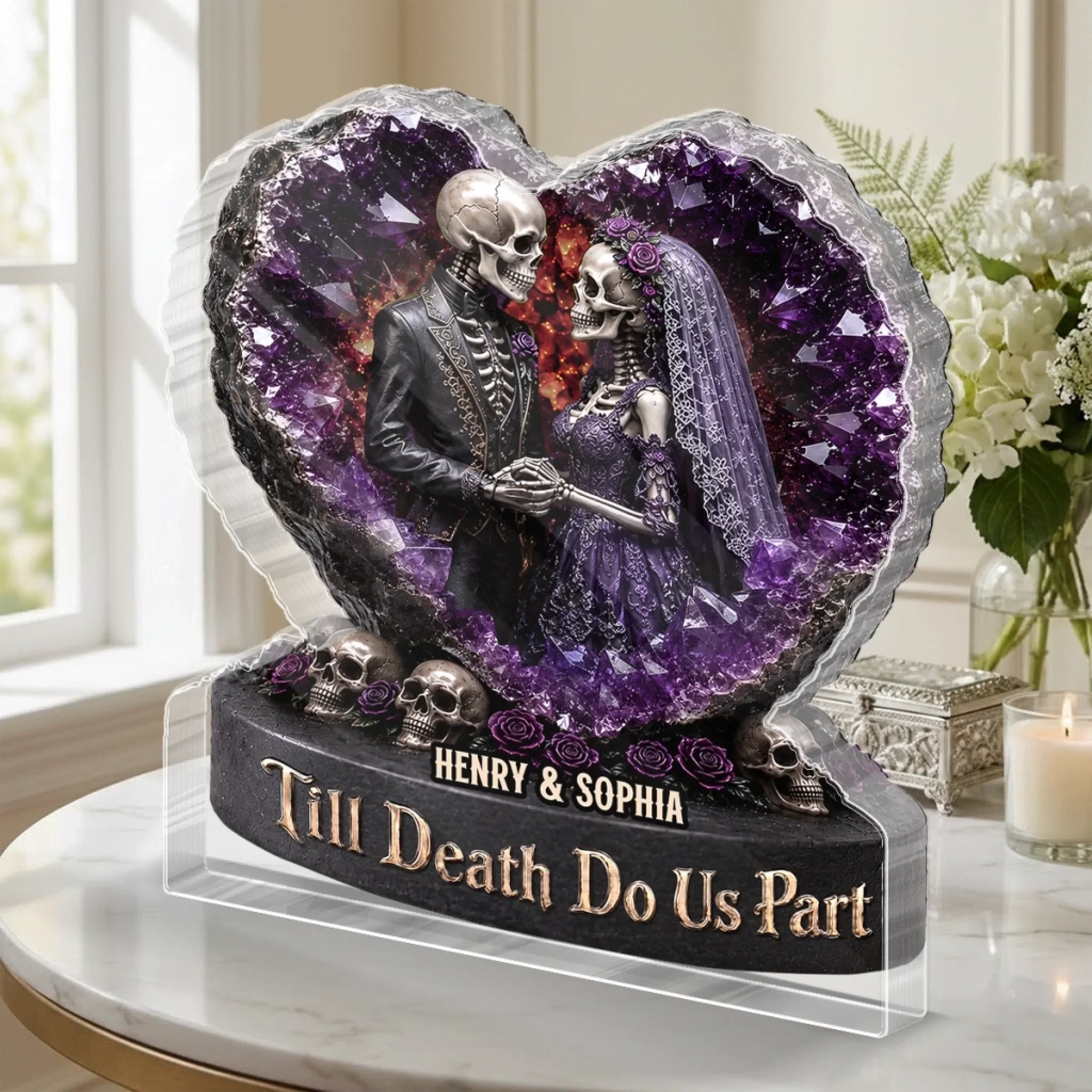 Skeleton Bride Groom Amethyst Heart Custom Gothic Wedding Keepsake