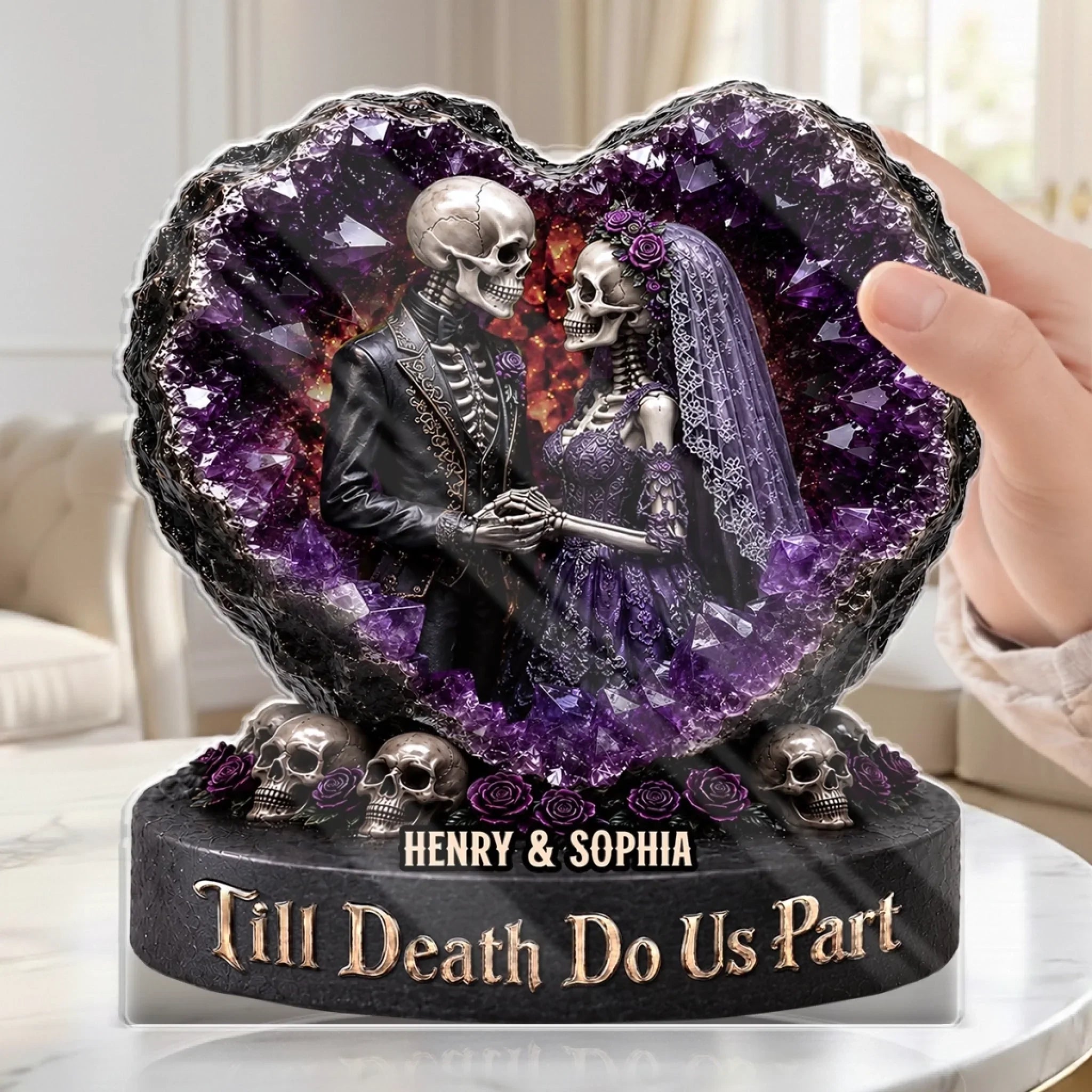 Skeleton Bride Groom Amethyst Heart Custom Gothic Wedding Keepsake