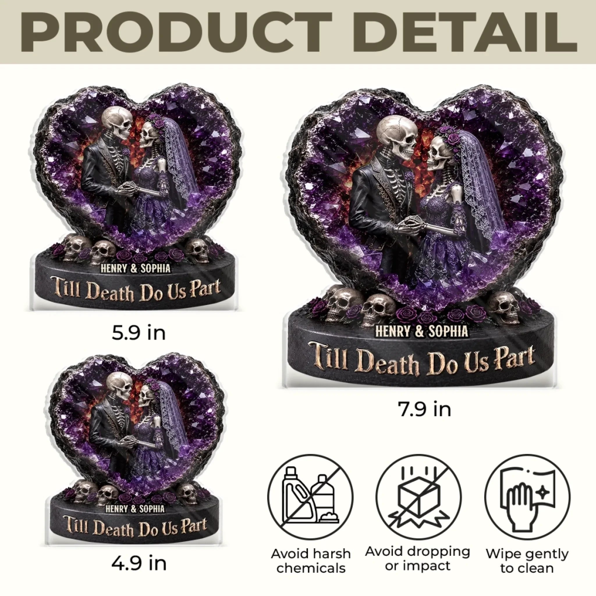 Skeleton Bride Groom Amethyst Heart Custom Gothic Wedding Keepsake