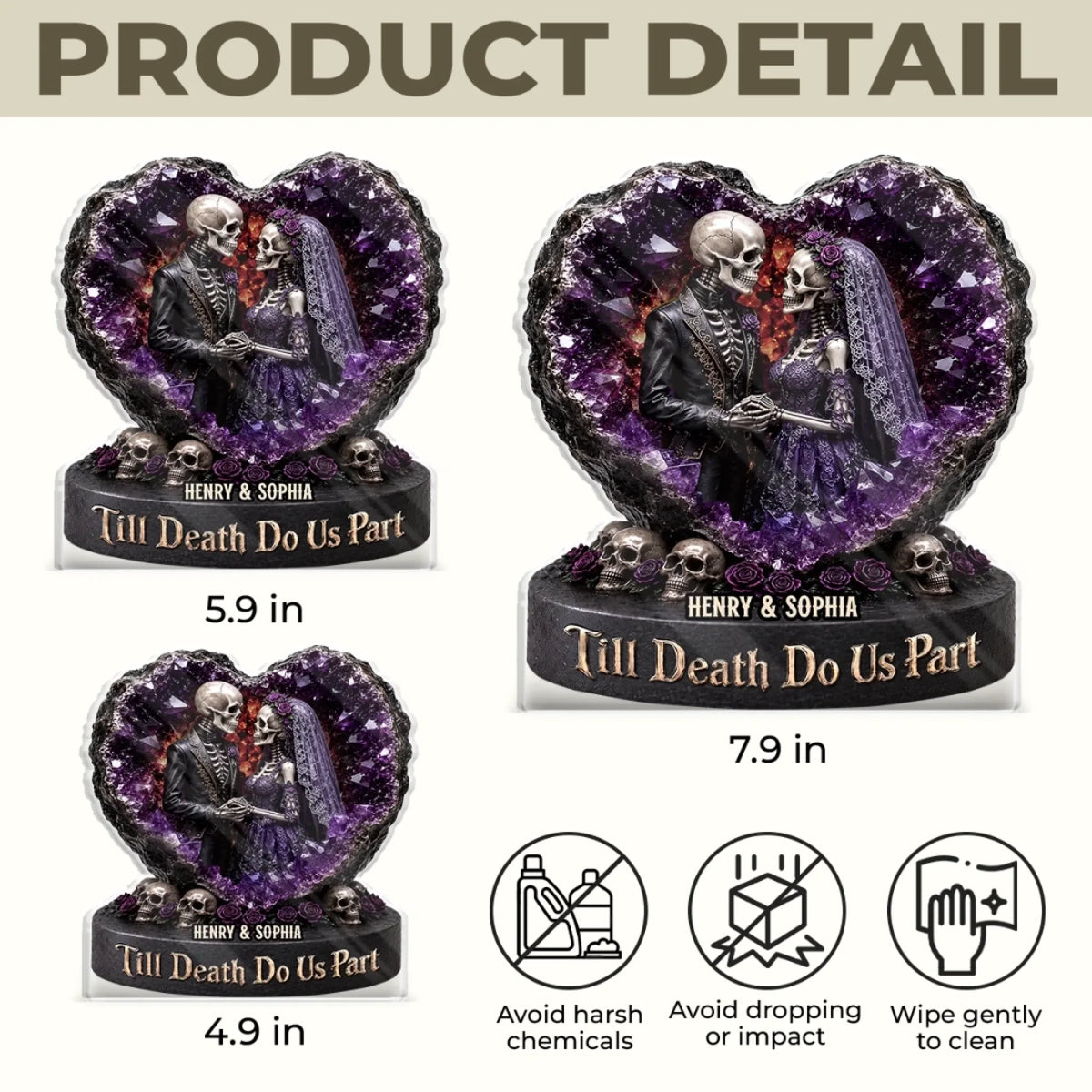 Skeleton Bride Groom Amethyst Heart Custom Gothic Wedding Keepsake