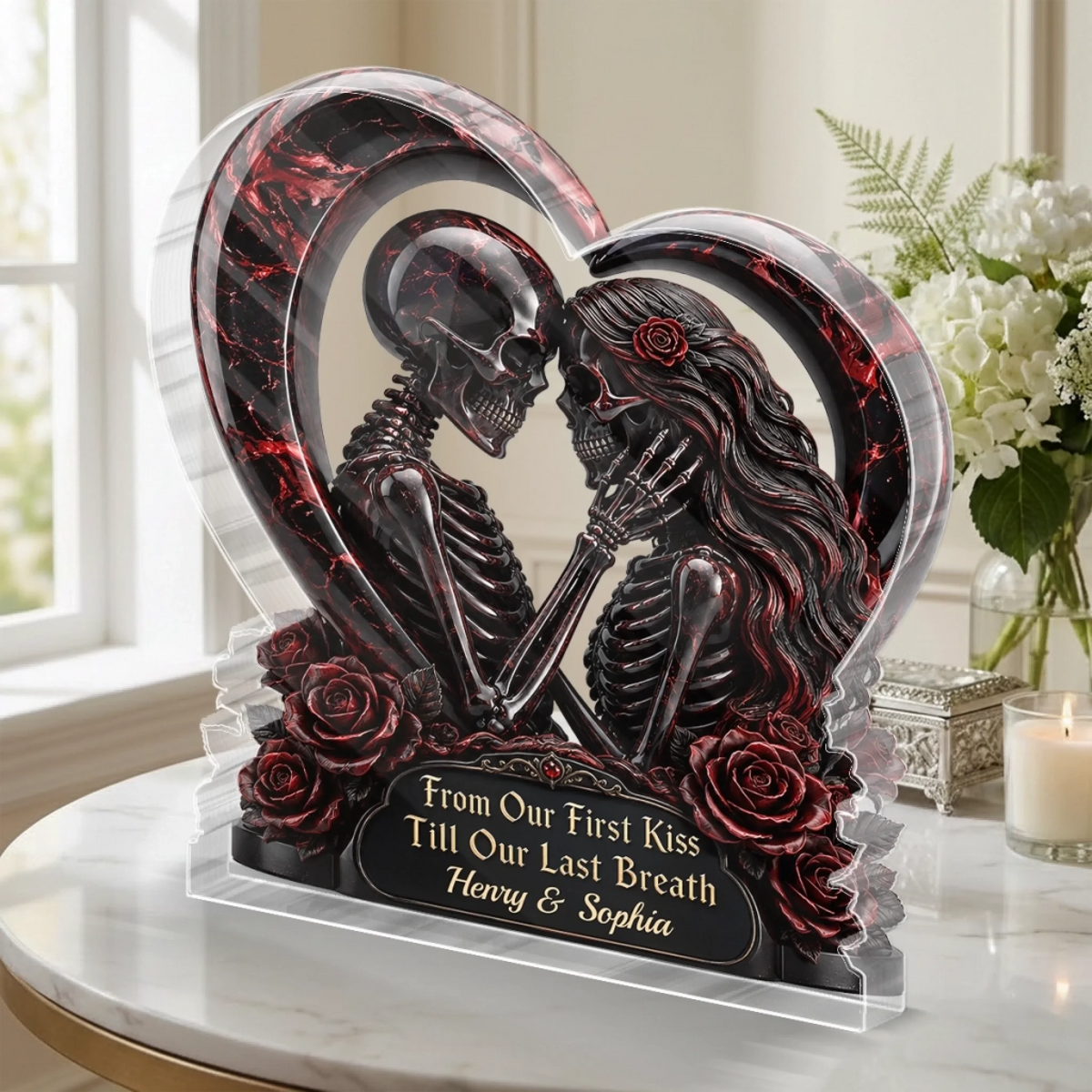 Personalized Gothic Skeleton Couple Heart Acrylic Plaque Custom Name Anniversary Gift