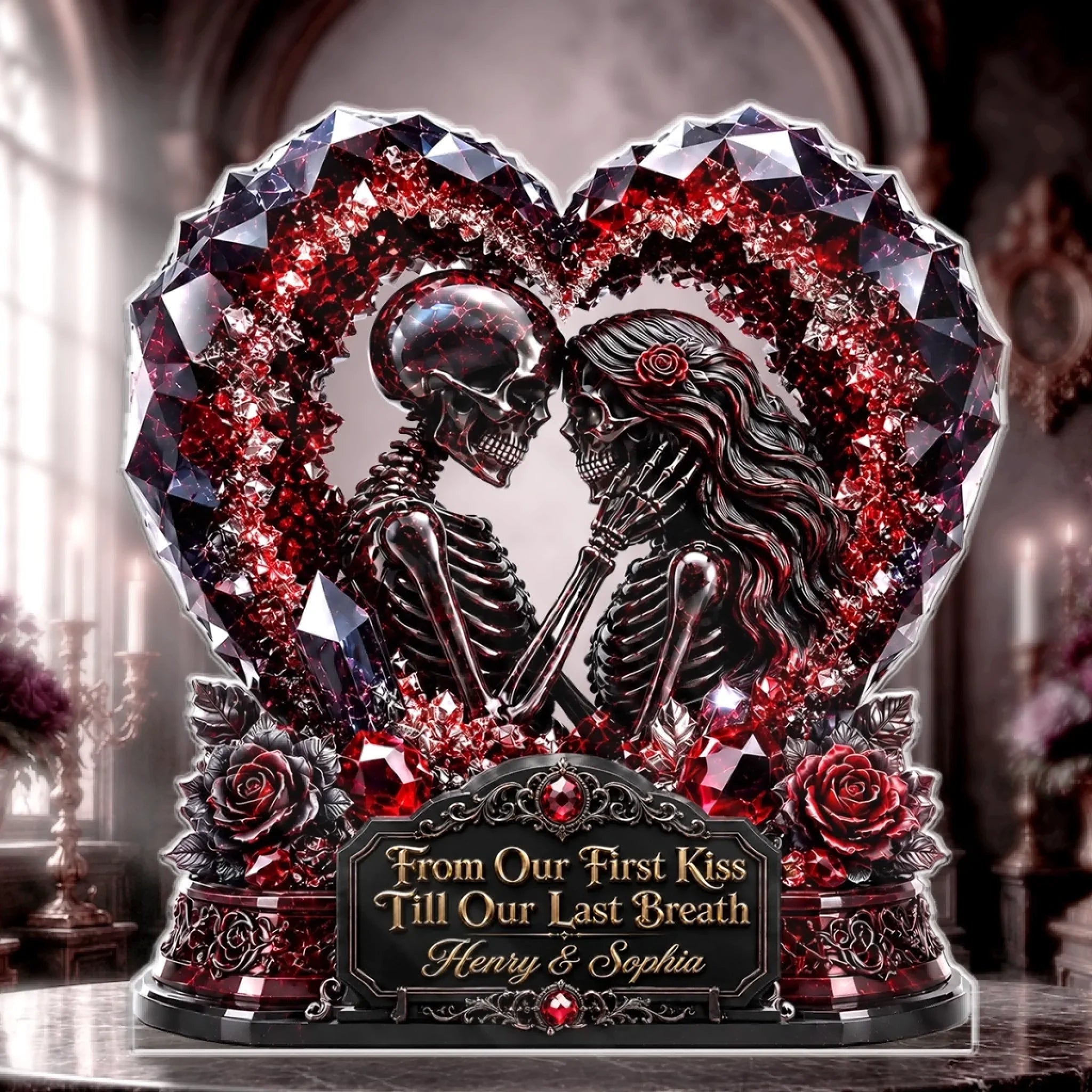 Red Gem Gothic Skeleton Couple Heart Custom Name Tabletop Sign