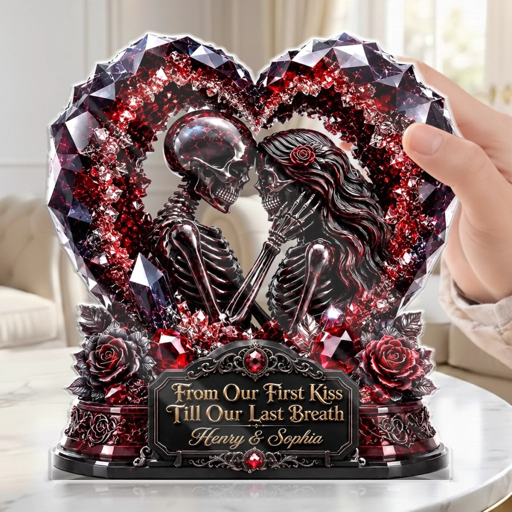 Red Gem Gothic Skeleton Couple Heart Custom Name Tabletop Sign