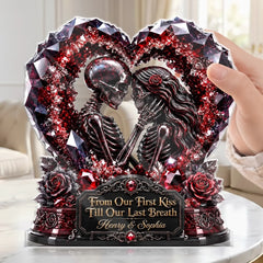 Red Gem Gothic Skeleton Couple Heart Custom Name Tabletop Sign