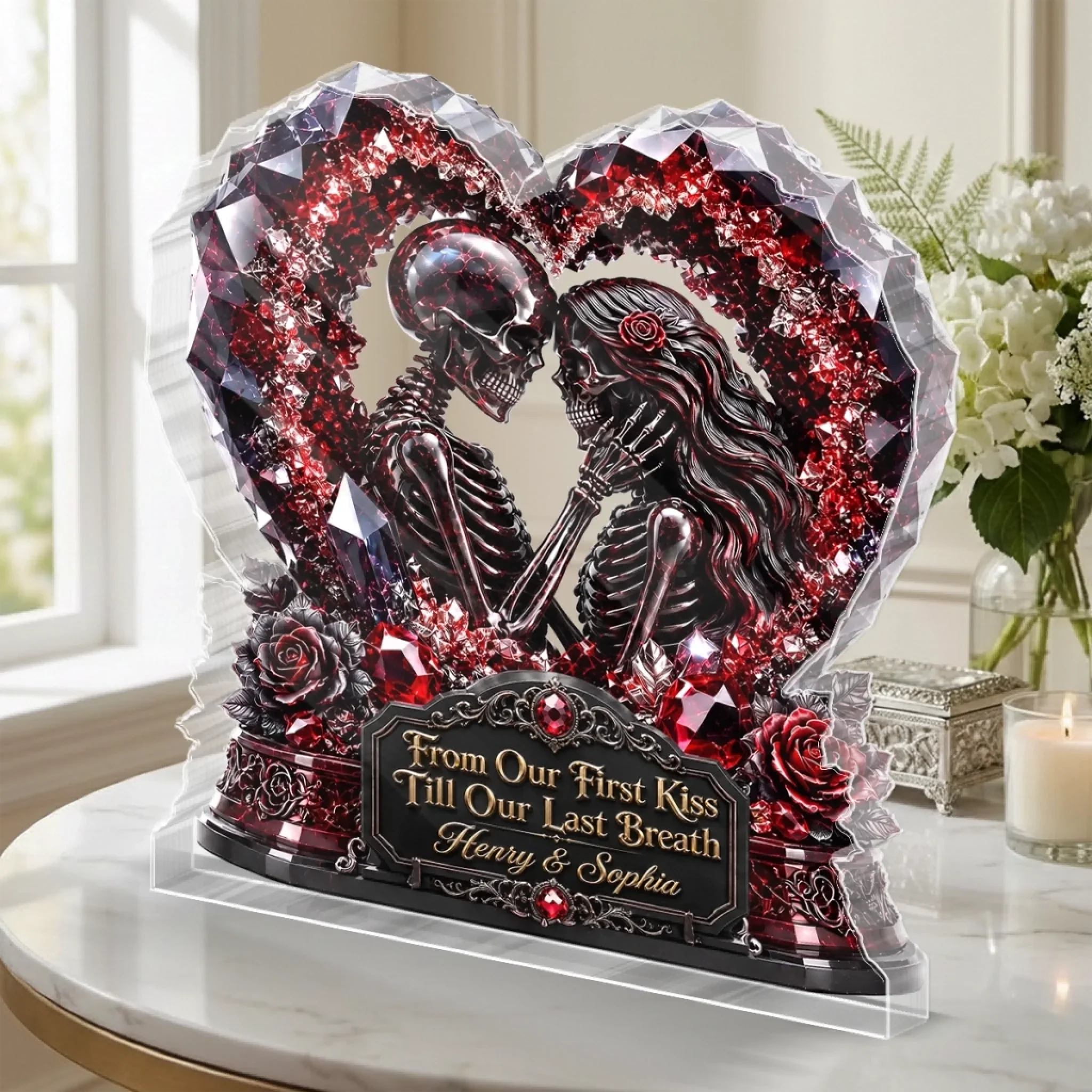 Red Gem Gothic Skeleton Couple Heart Custom Name Tabletop Sign