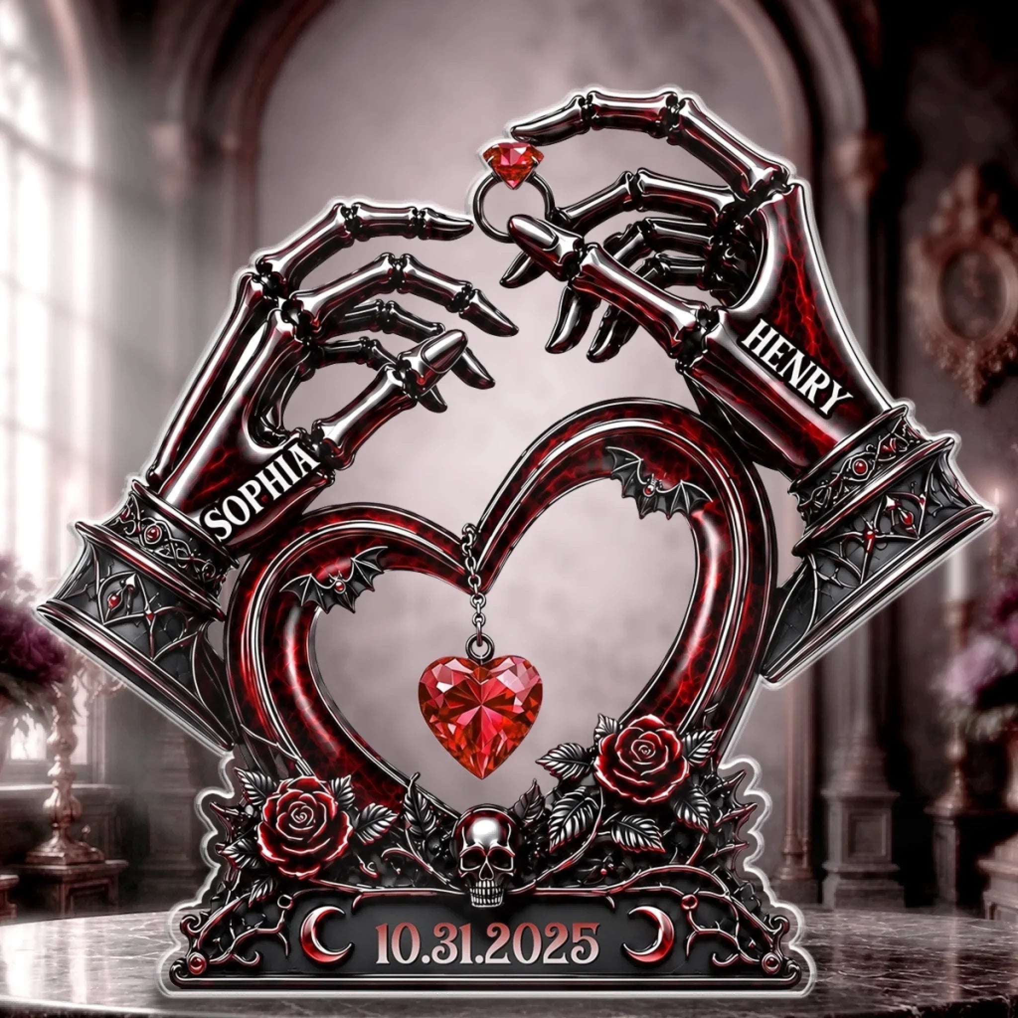 Custom Gothic Skeleton Hand Heart Acrylic Plaque Personalized Couple Gift