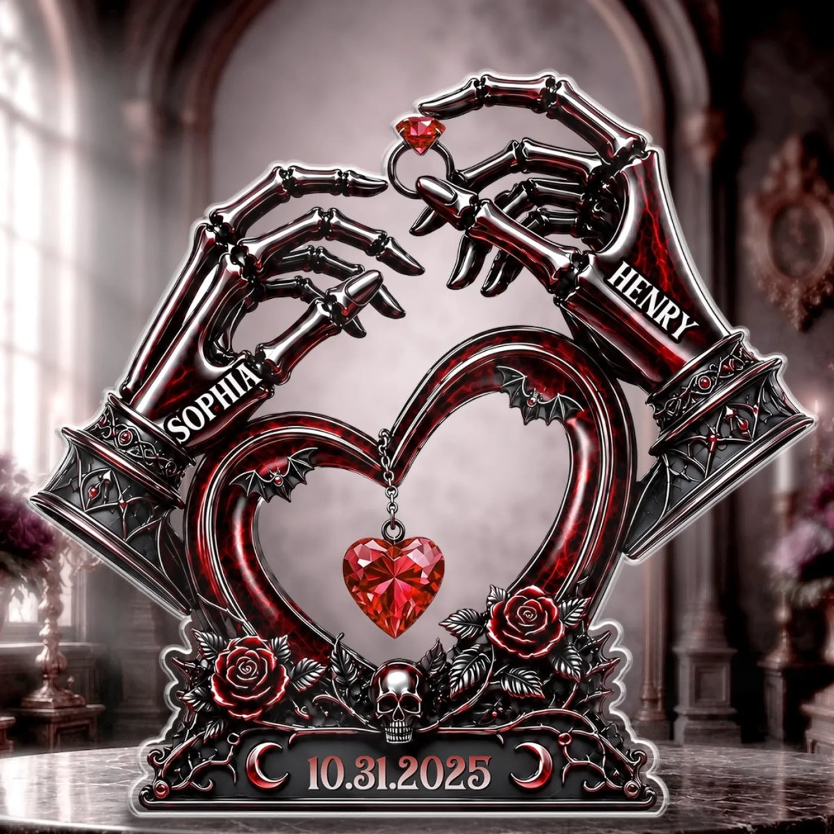 Custom Gothic Skeleton Hand Heart Acrylic Plaque Personalized Couple Gift