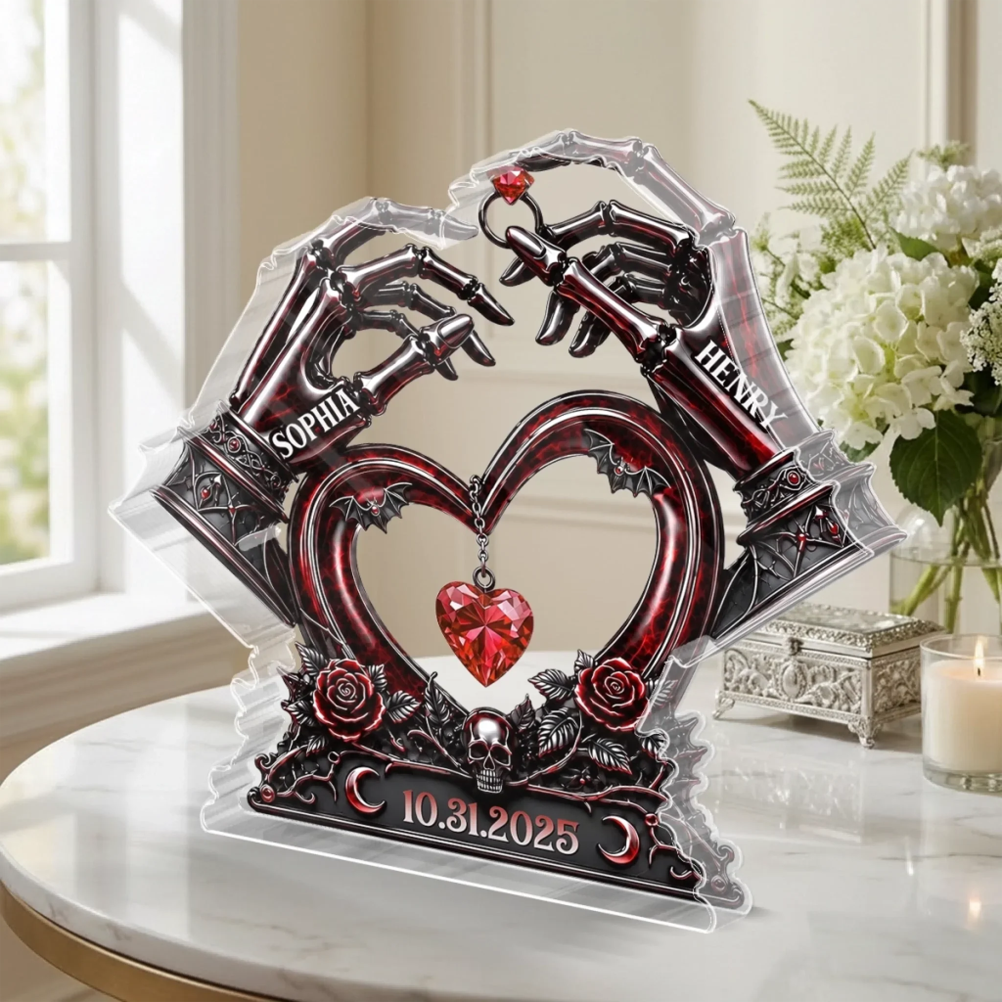 Custom Gothic Skeleton Hand Heart Acrylic Plaque Personalized Couple Gift