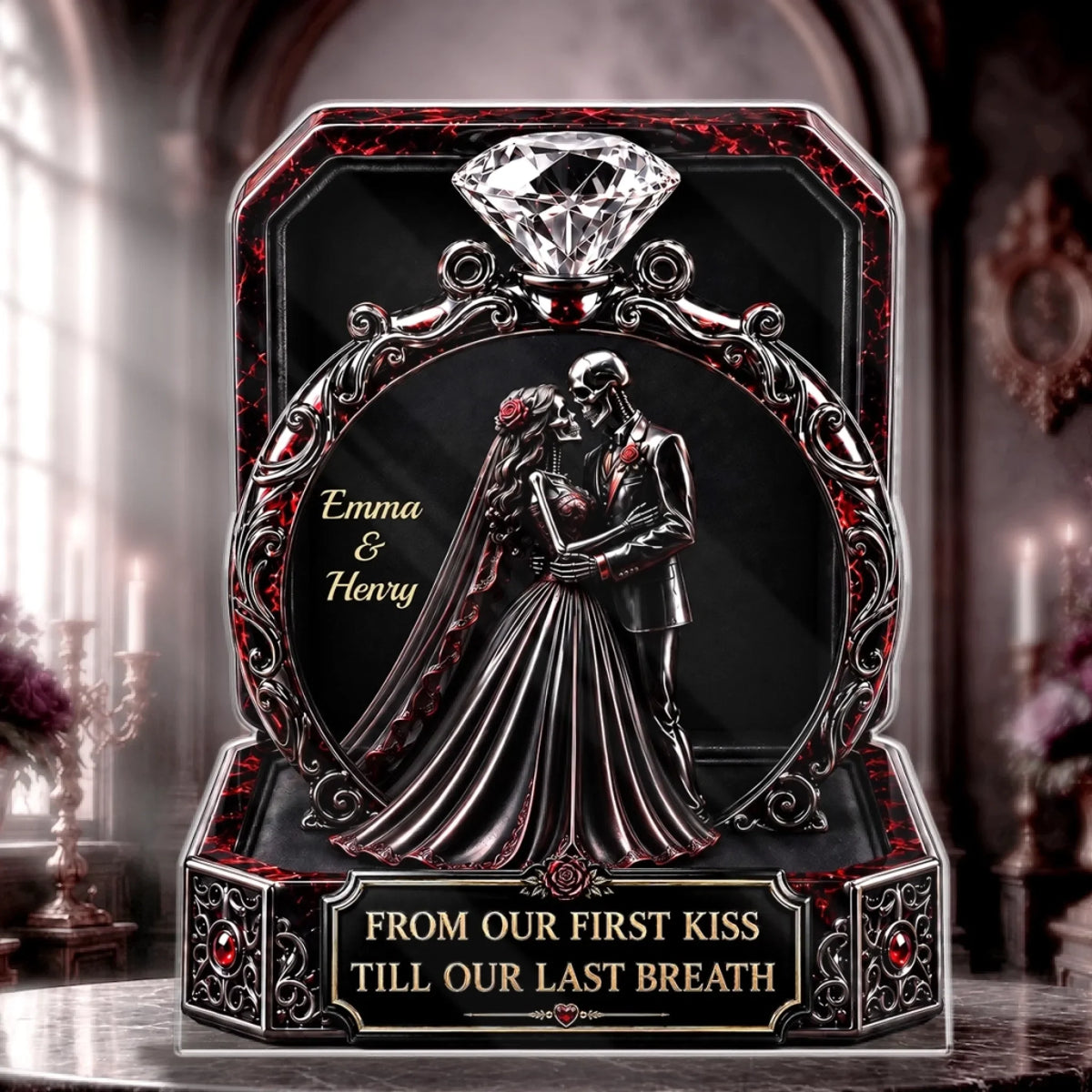 Custom Skull Couple Ring Frame Acrylic Ornament Gothic Anniversary Keepsake