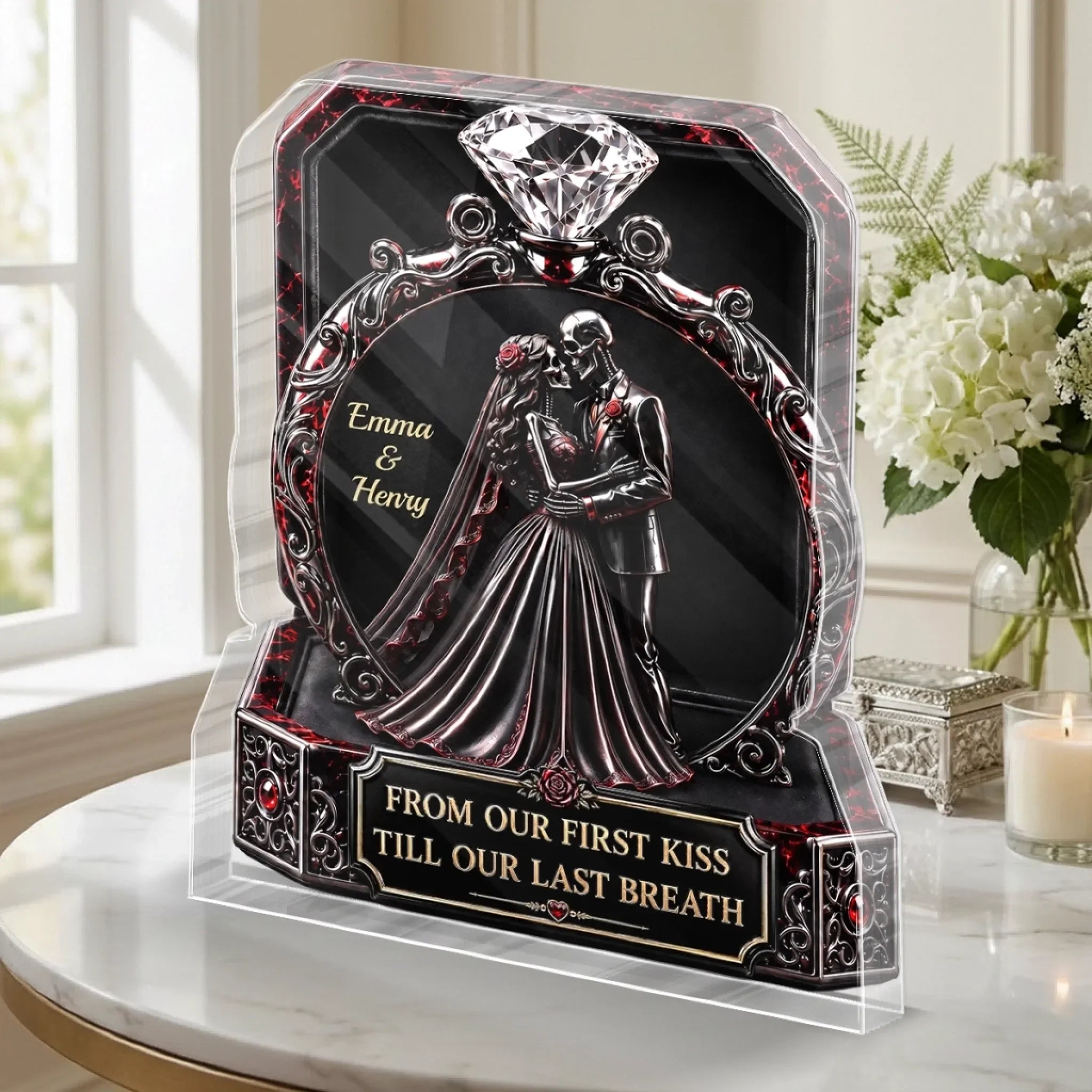 Custom Skull Couple Ring Frame Acrylic Ornament Gothic Anniversary Keepsake
