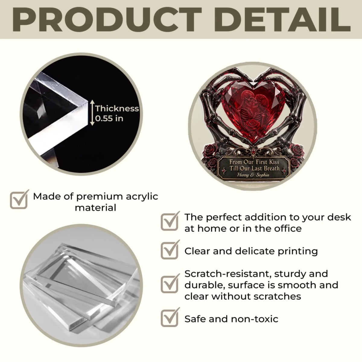 Custom Skull Couple Red Heart Diamond Acrylic Ornament Gothic Lover Keepsake