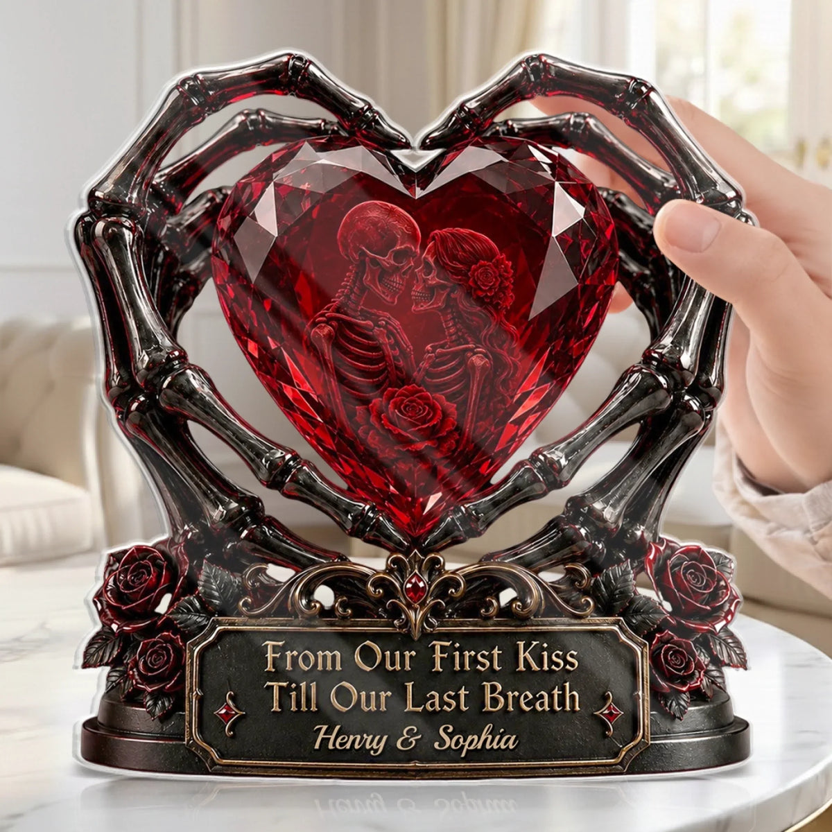 Custom Skull Couple Red Heart Diamond Acrylic Ornament Gothic Lover Keepsake