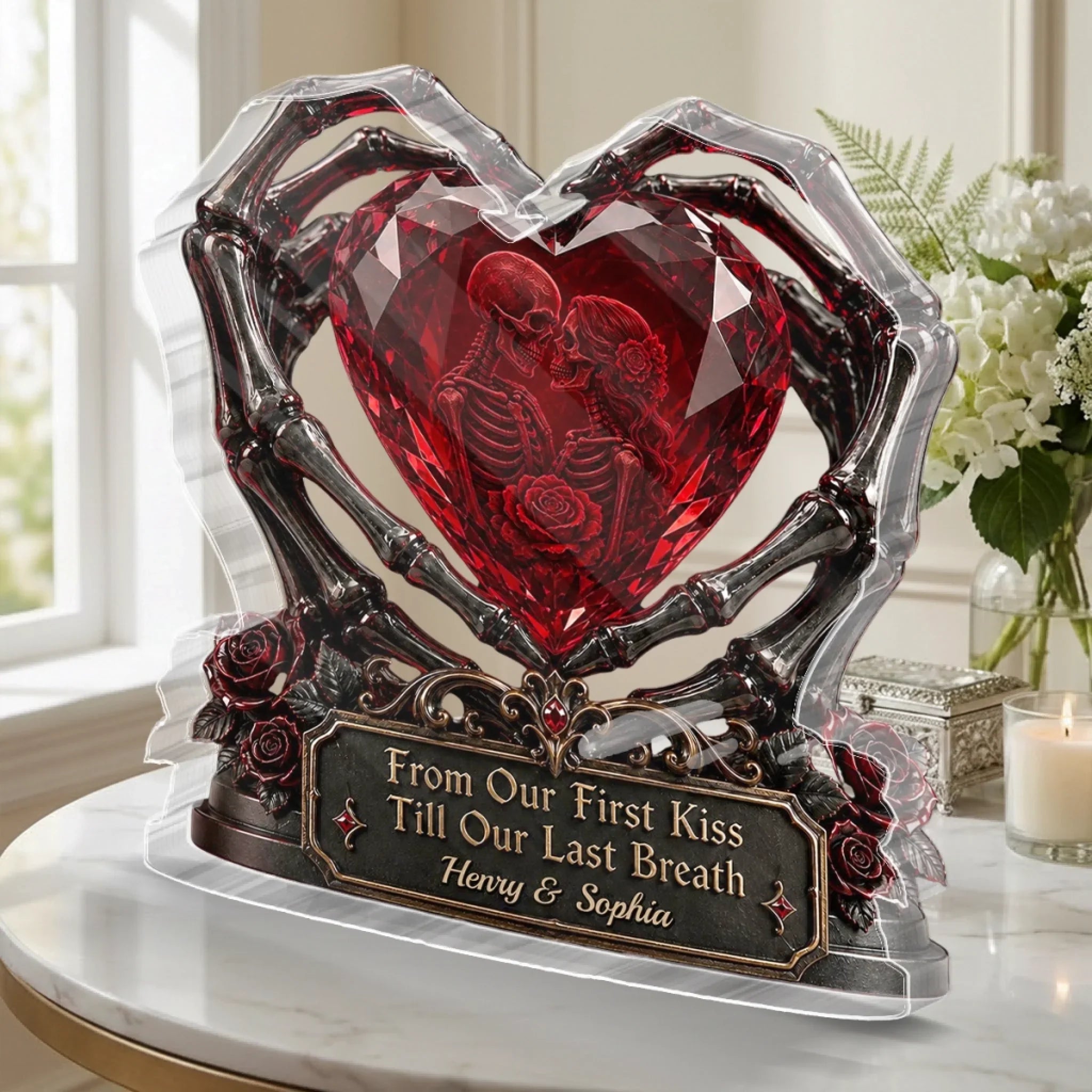 Custom Gothic Skeleton Acrylic Plaque - Personalized Halloween Decor, Anniversary Wedding Gifts For Husband And Wife, Him And Her - Together For Eternal Life Always