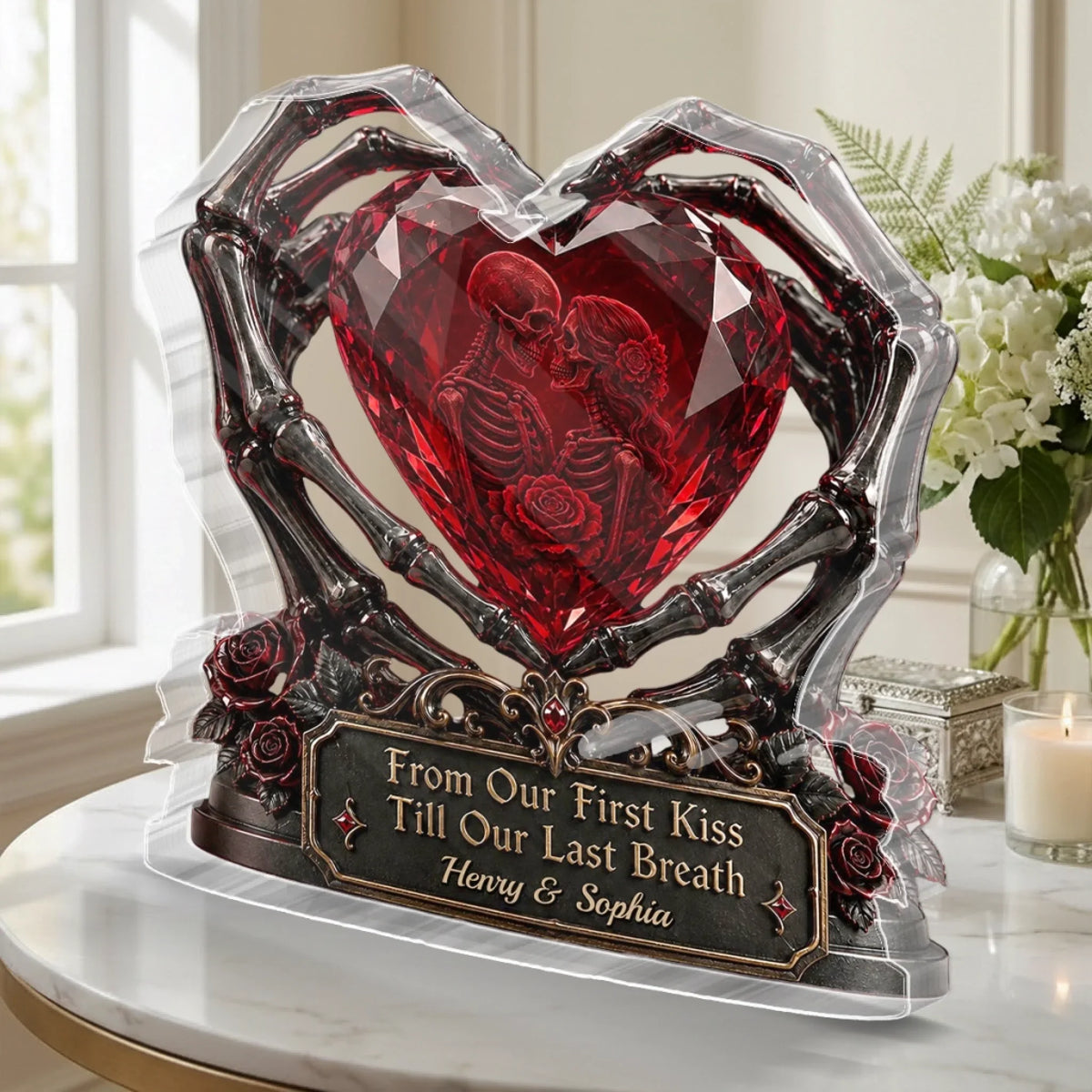 Custom Skull Couple Red Heart Diamond Acrylic Ornament Gothic Lover Keepsake