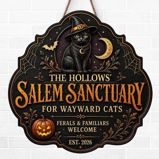 Custom Wood Sign -  Personalized Halloween Decor Birthday Gifts For Mom, Dad, Brother, Sister, Kids - Spooky Season Feline Love
