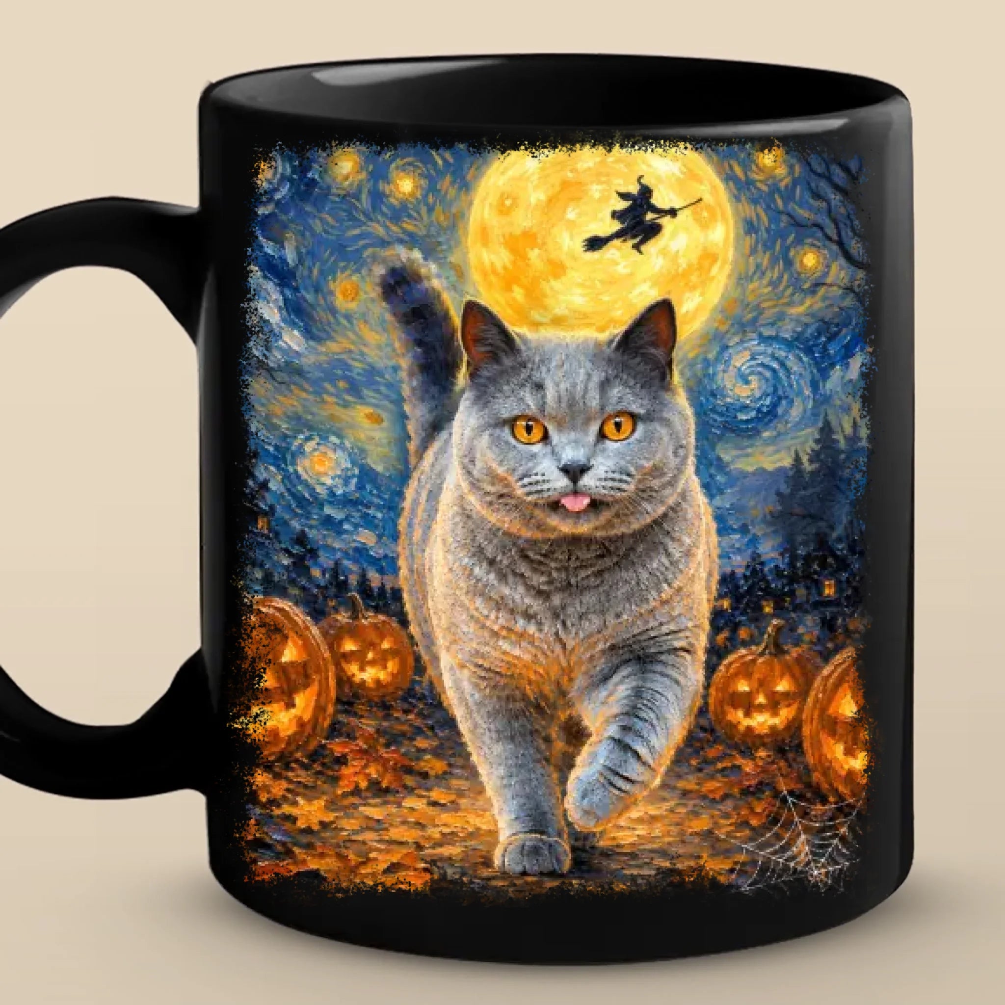 Custom Photo Starry Night Black Mug - Personalized Halloween Birthday Gifts For Dog Cat Lovers, Dog Dad And Mom, Cat Owners - Paws And Moonlight
