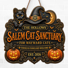 Custom Wood Sign -  Personalized Halloween Decor Birthday Gifts For Mom, Dad, Brother, Sister, Kids - Salem Cat Sanctuary Vibes
