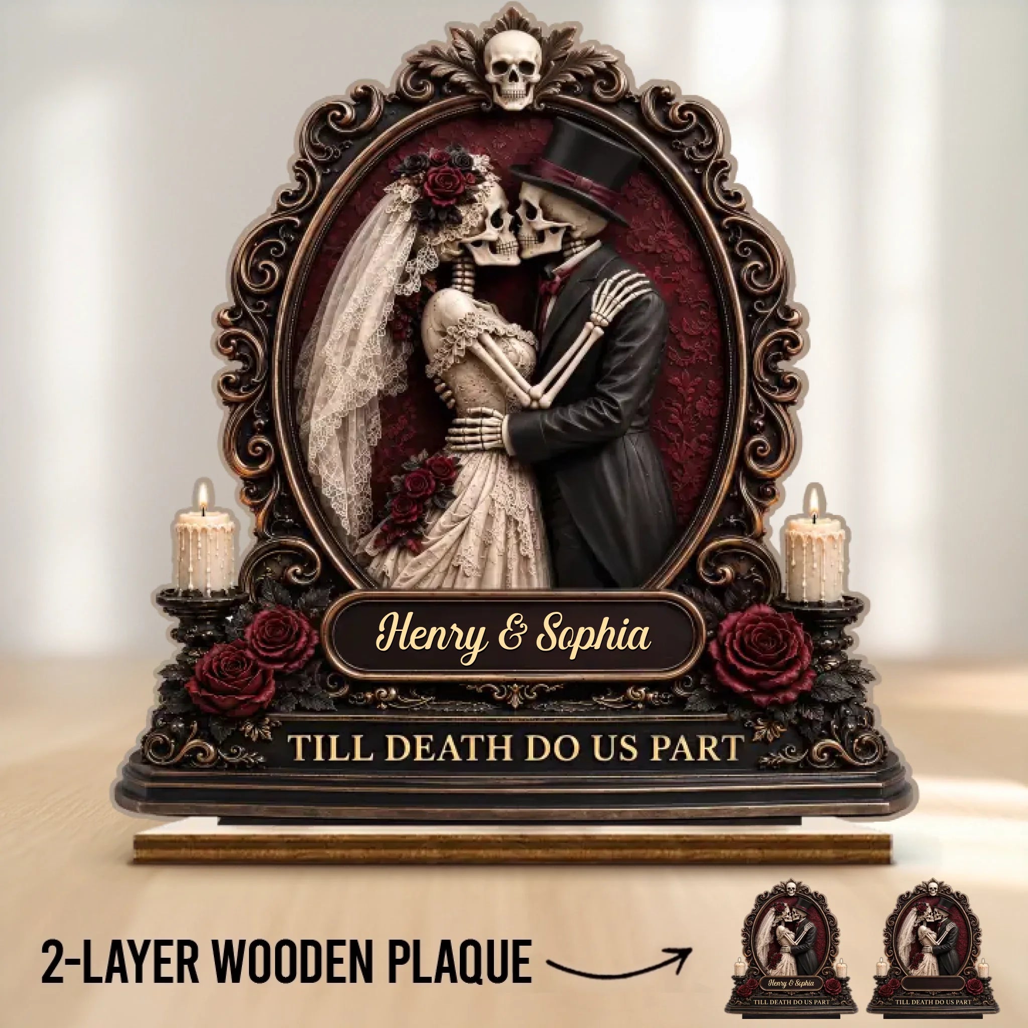 Custom Skeleton 2-Layered Wooden Plaque - Personalized Halloween Decor, Anniversary Wedding Gifts For Husband And Wife, Him And Her - Gothic Romance Written In Bones