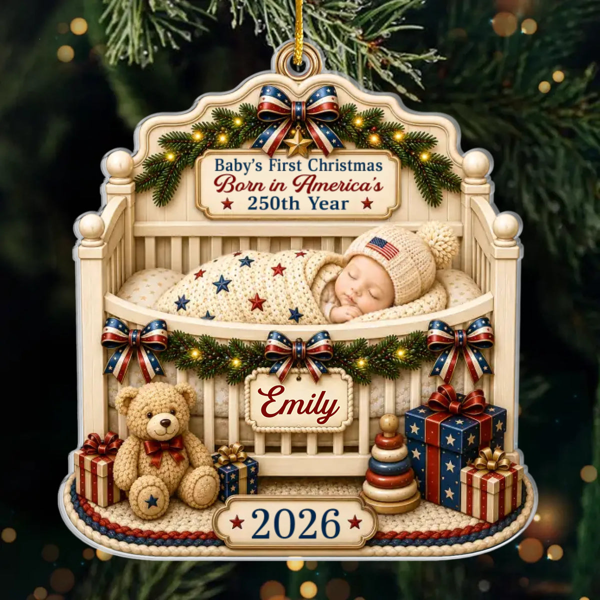 Custom First Christmas Acrylic Ornament - Personalized America 250th Anniversary Christmas Gifts For New Moms, New Dads, New Parents - Wrapped In Love And Freedom