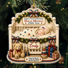 Custom First Christmas Acrylic Ornament - Personalized America 250th Anniversary Christmas Gifts For New Moms, New Dads, New Parents - Wrapped In Love And Freedom