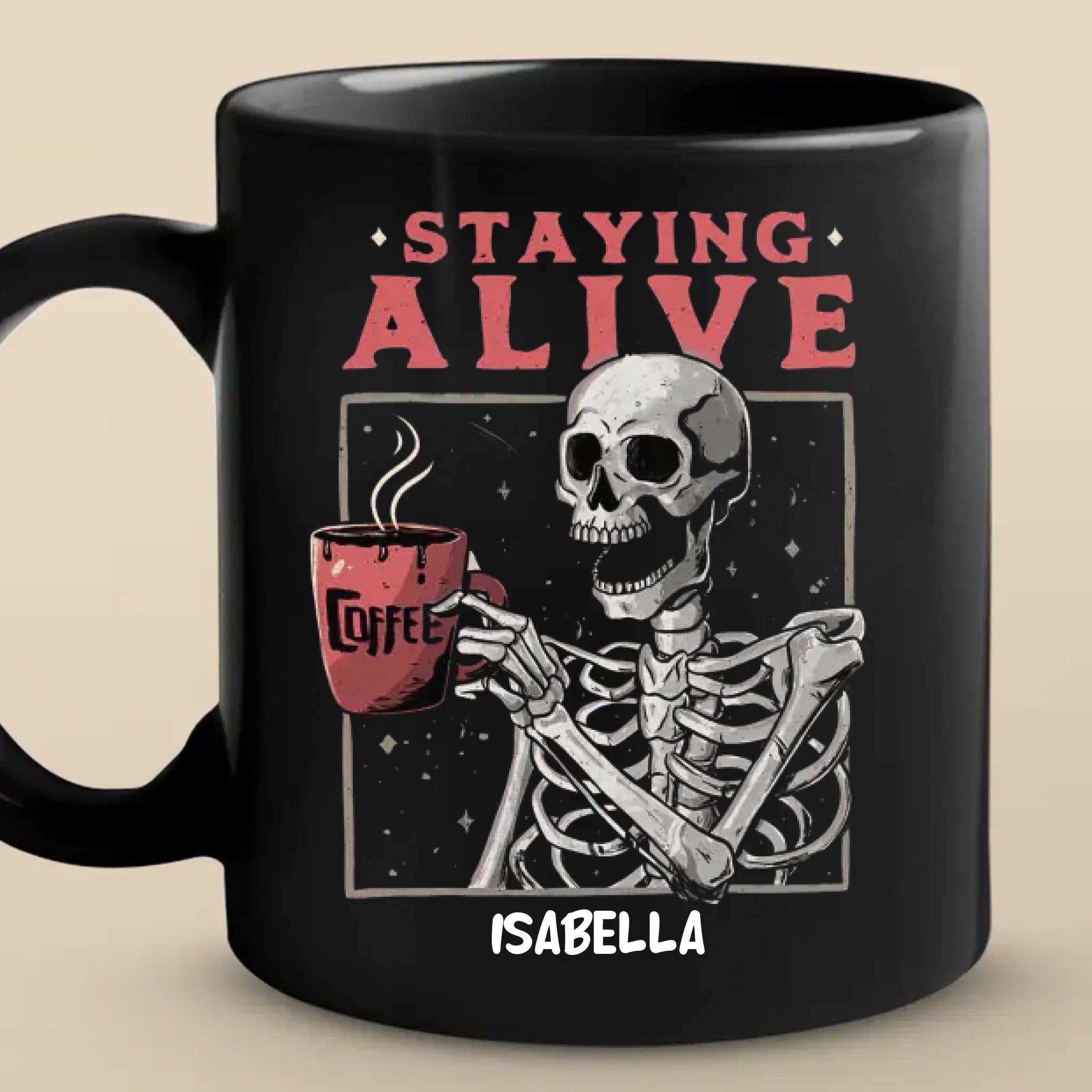 Feeling Fabulous, Down To The Bone - Family Personalized Custom Black Mug - Halloween Gift For Family Members