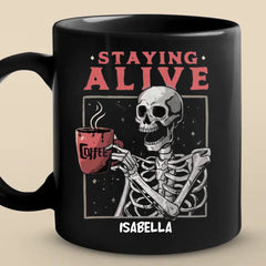 Feeling Fabulous, Down To The Bone - Family Personalized Custom Black Mug - Halloween Gift For Family Members