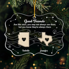Custom Long Distance Acrylic Ornament - Personalized Best Friend Christmas Birthday Gifts For Women, Besties, Sisters, BFF - Apart By Miles Bound By Love