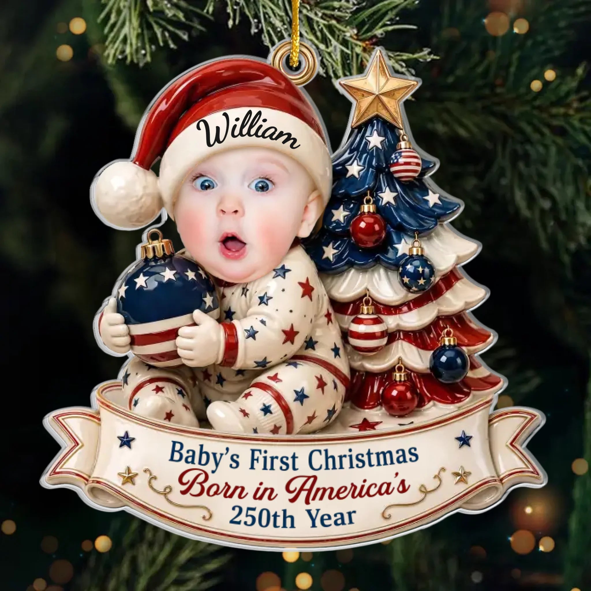 Custom Photo First Christmas Acrylic Ornament - Personalized America 250th Anniversary Christmas Gifts For New Moms, New Dads, New Parents - Our Bright Little Patriotic Star