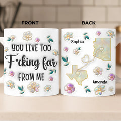 Custom Long Distance Mug - Personalized Best Friend Birthday Gifts For Women, Besties, Sisters, BFF - Far Away Still Close