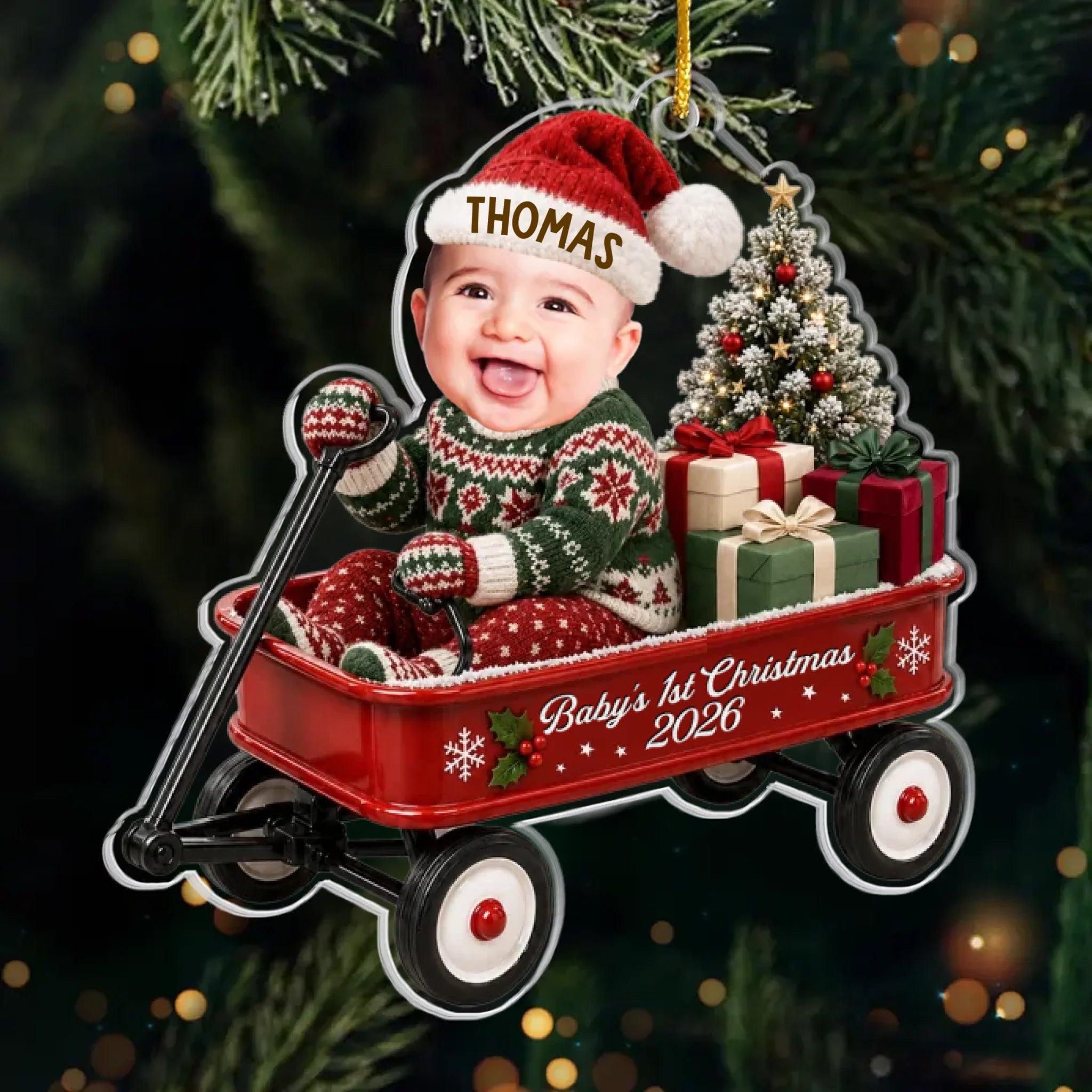 Custom Photo First Christmas Acrylic Ornament - Personalized Christmas Baby Shower, Gender Reveal Gifts For New Moms, New Dads, New Parents - A Wagon Full Of Pure Happiness