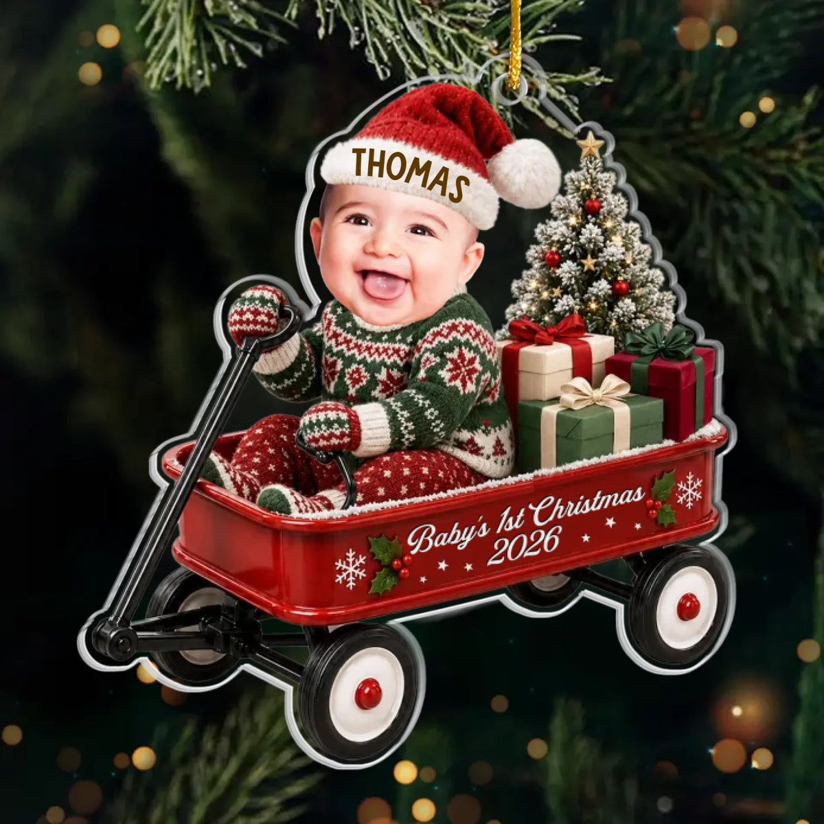Custom Photo First Christmas Acrylic Ornament - Personalized Christmas Baby Shower, Gender Reveal Gifts For New Moms, New Dads, New Parents - A Wagon Full Of Pure Happiness