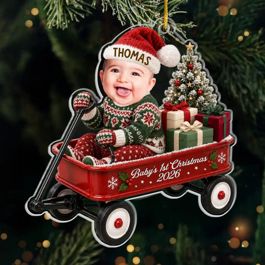 Custom Photo First Christmas Acrylic Ornament - Personalized Christmas Baby Shower, Gender Reveal Gifts For New Moms, New Dads, New Parents - A Wagon Full Of Pure Happiness