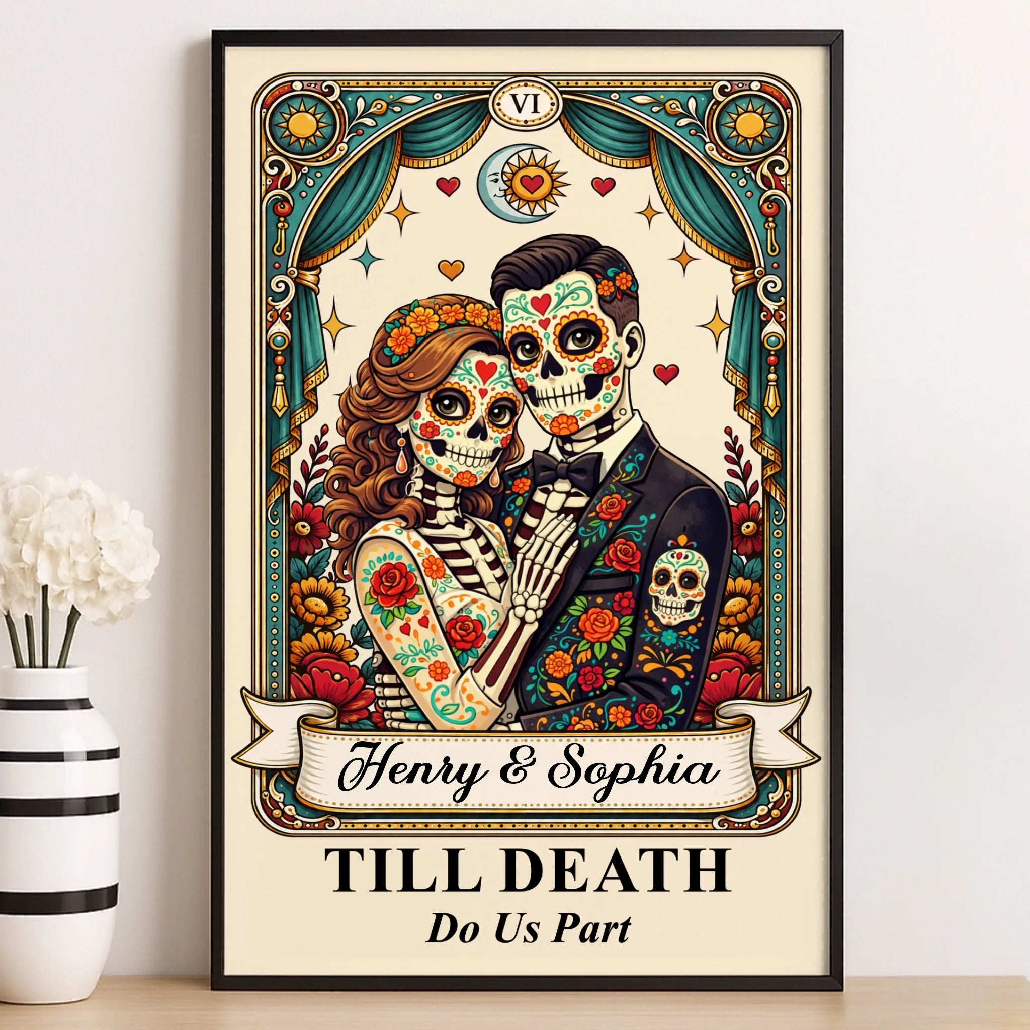 Custom Photo Day Of The Dead Vertical Poster - Personalized Anniversary Wedding Gifts For Husband And Wife, Him And Her - Till Death Do Us Part