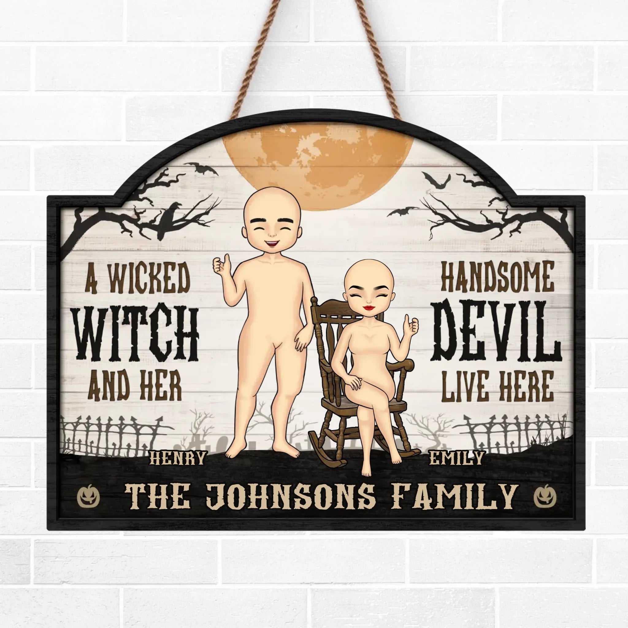 A Wicked Witch And Her Handsome Devil Live Here - Couple Personalized Custom Home Decor Wood Sign - Halloween Gift For Husband Wife, Anniversary