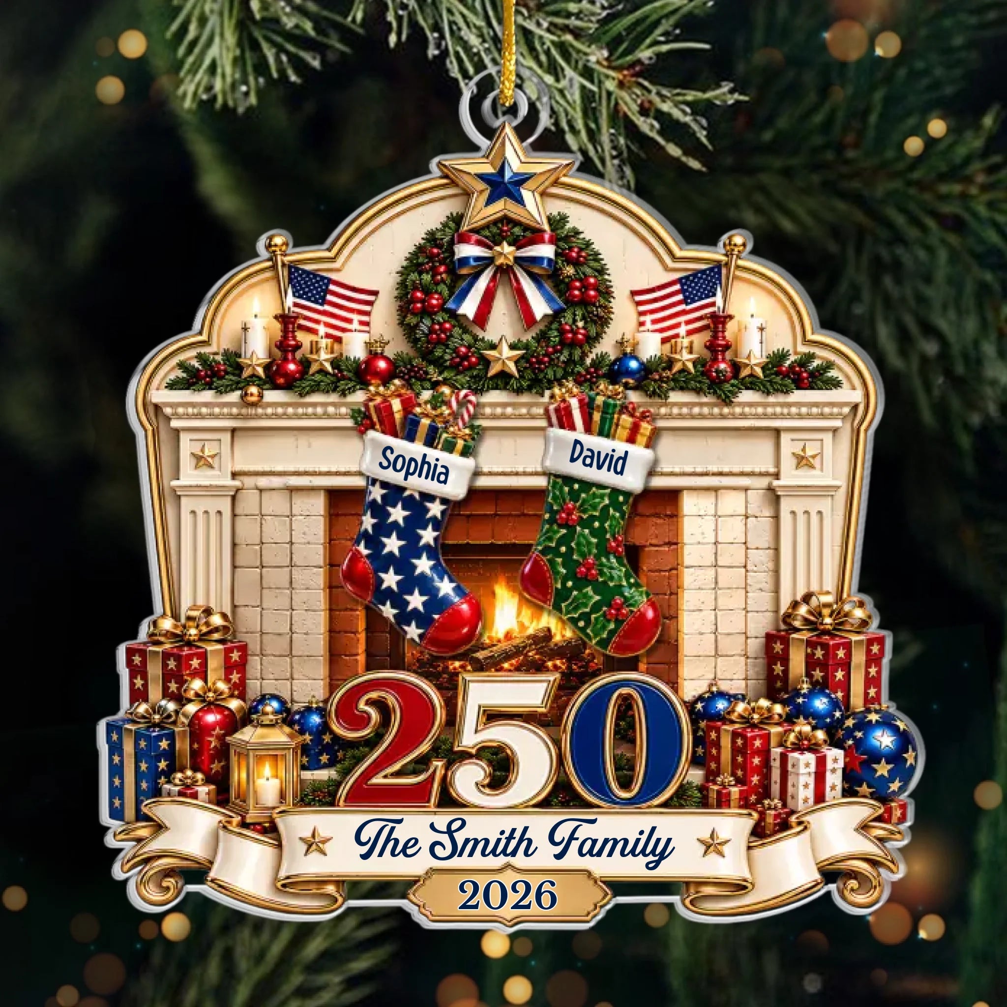 Custom Acrylic Ornament - Personalized America 250th Anniversary Christmas Gifts For Mom, Dad, Brother, Sister - Our Family, Our Tradition