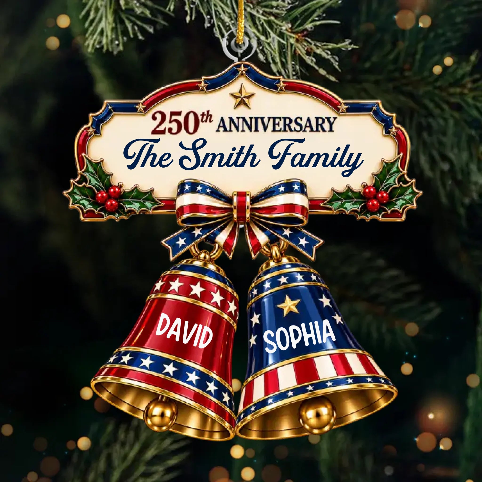 Custom Acrylic Ornament - Personalized America 250th Anniversary Christmas Gifts For Mom, Dad, Brother, Sister - Our Christmas Bell Family
