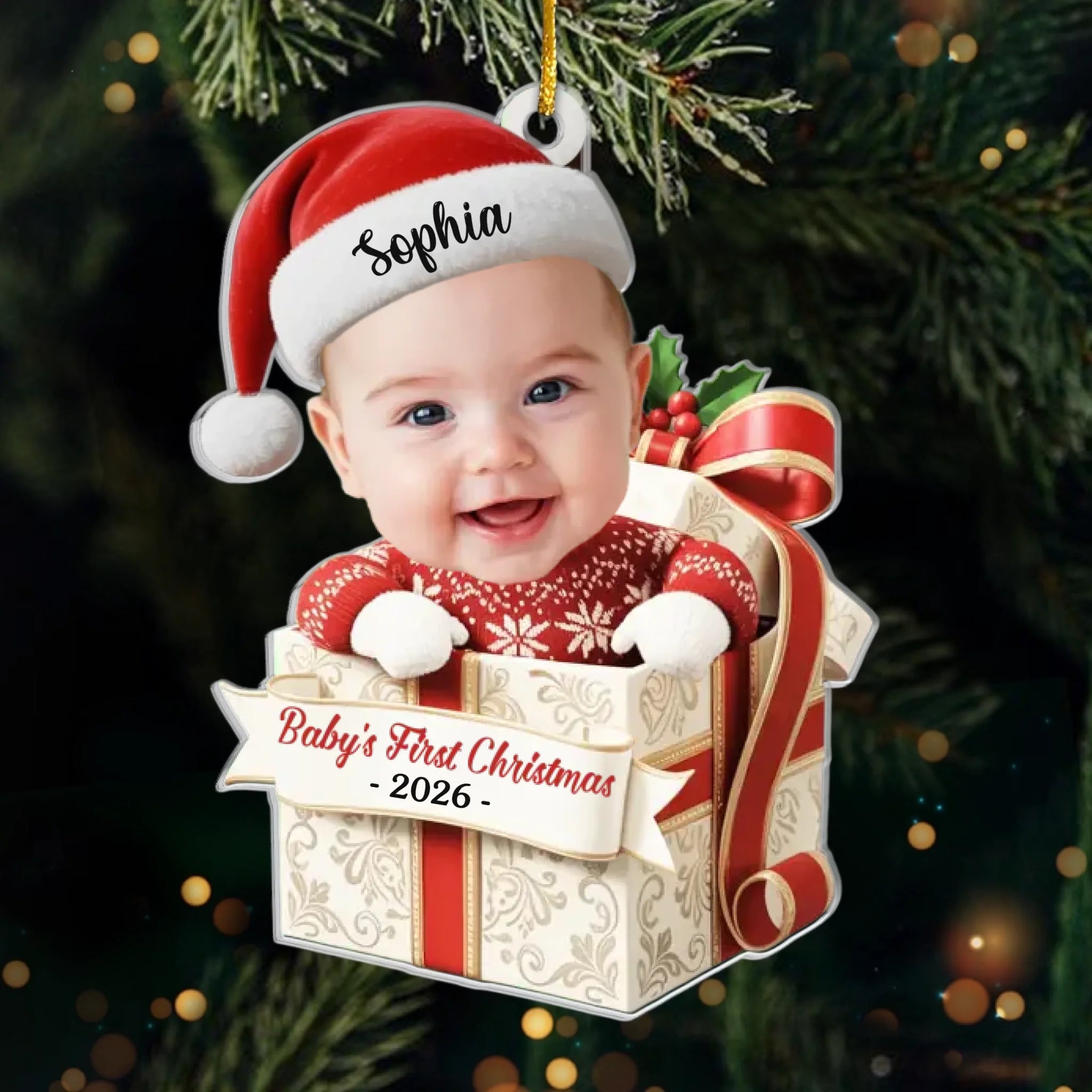 Custom Photo First Christmas Acrylic Ornament - Personalized Christmas Baby Shower, Gender Reveal Gifts For New Moms, New Dads, New Parents - Little Feet Big Blessing