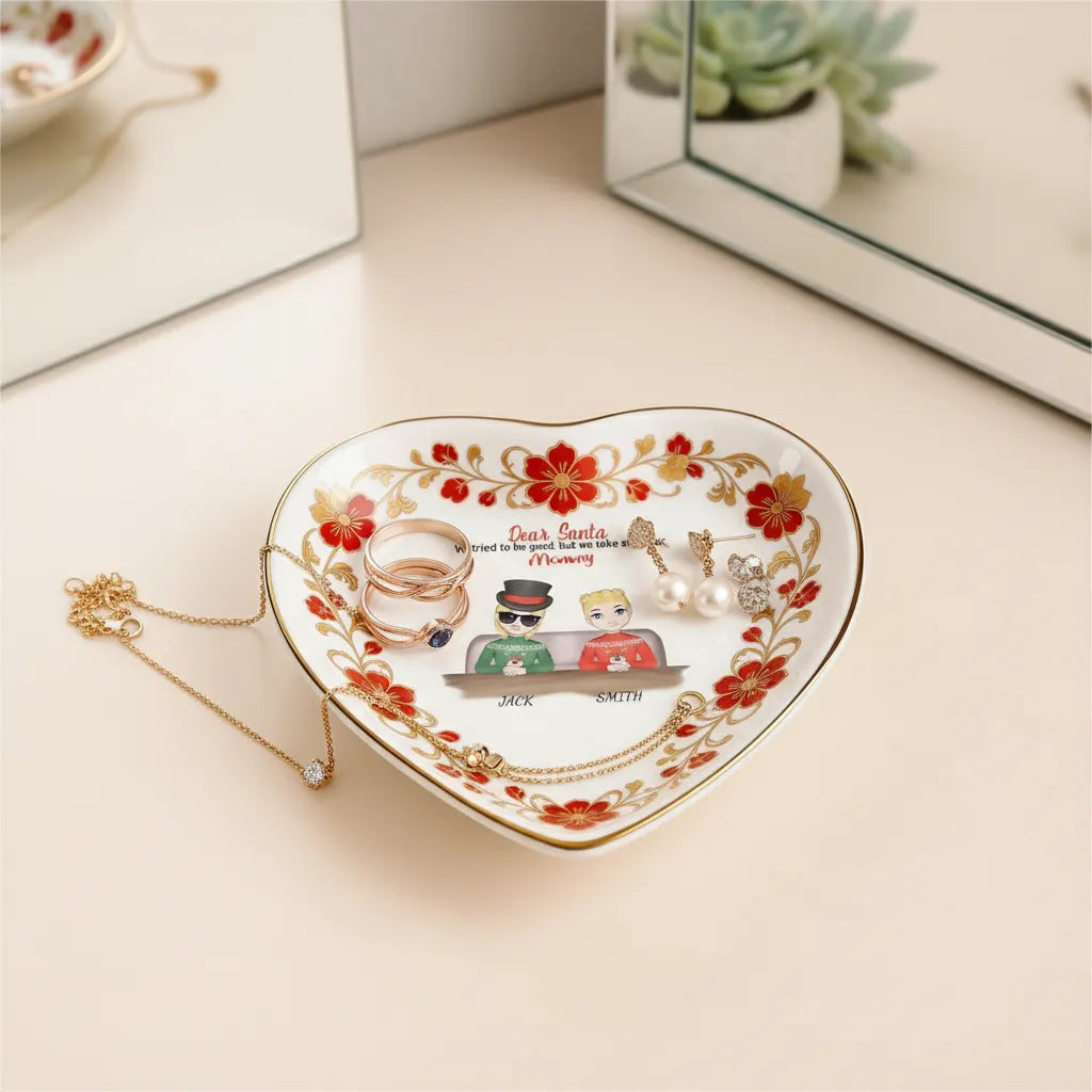 Custom  Photo Ceramic Trinket Tray with Elegant Red Floral Vine Border-Dear Santa
