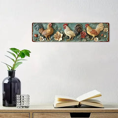 Vintage metal plaque with three relief roosters and flowers hung over a sideboard
