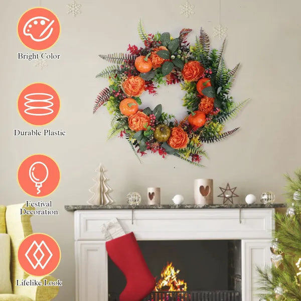 Autumn wreath with pumpkins, orange roses and berries hung over a white fireplace