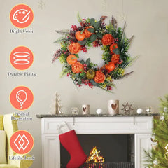 Autumn wreath with pumpkins, orange roses and berries hung over a white fireplace