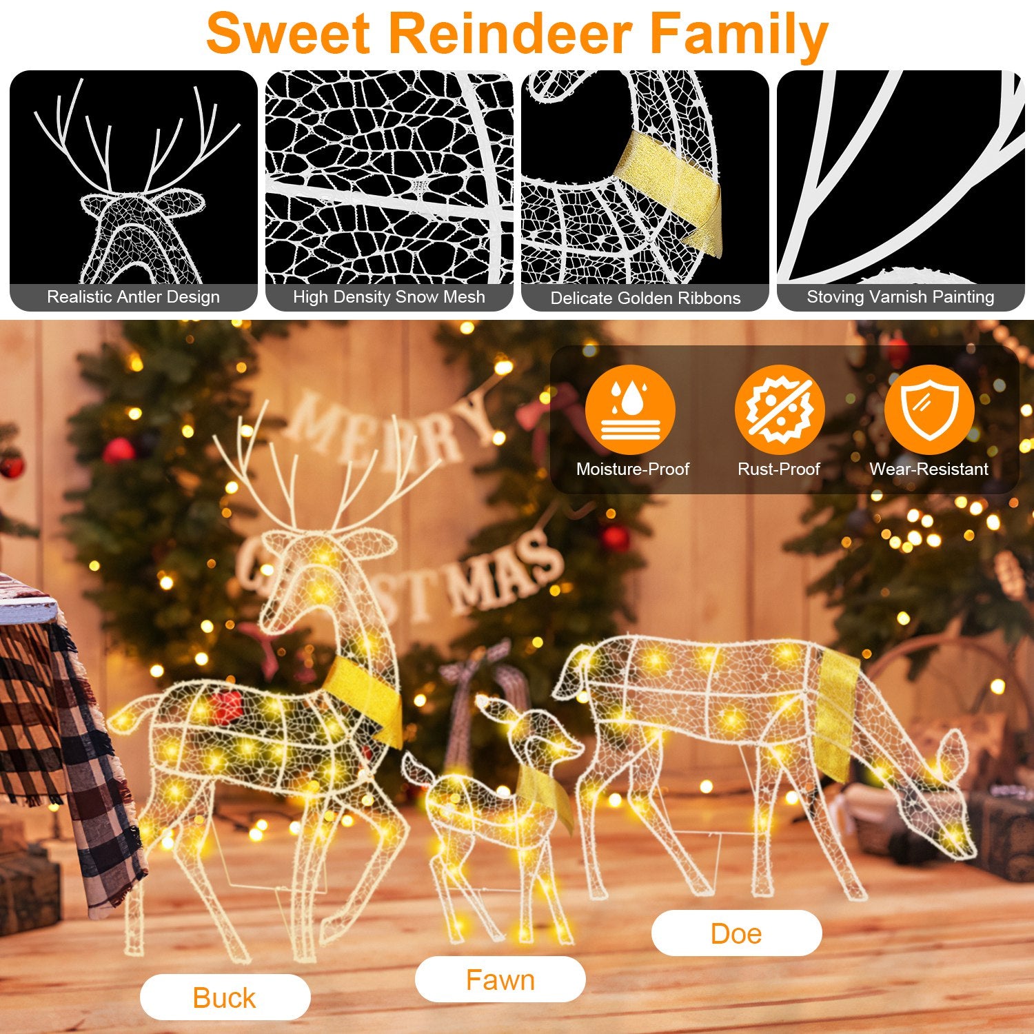 3 Sets of Reindeer Family Lighted 2D Christmas Deer Decoration Warm Ye