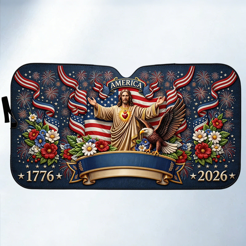 Custom Family Name Sacred Heart of Jesus and American Flag Sunshade - Personalized Faith & Patriotism