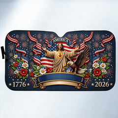 Custom Family Name Sacred Heart of Jesus and American Flag Sunshade - Personalized Faith & Patriotism